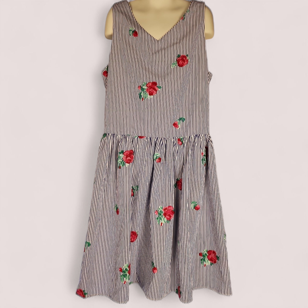 AMY BYER | Blue White Striped Easter Dress‎ Pink Floral Embroidery Accents | 16